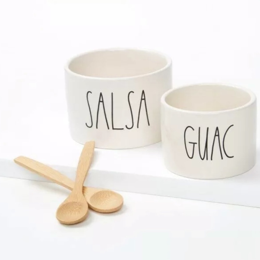 Rae Dunn Guac/Salsa Bowls 2 Wooden Spoons Limited